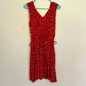 Red Floral Midi Dress with Pockets